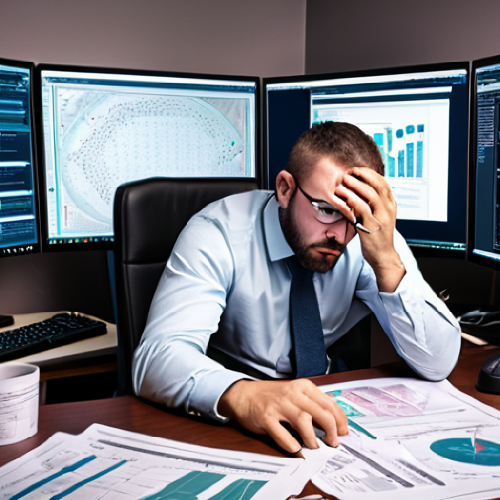 **Overwhelmed cybersecurity professional**:  A stressed network security engineer surrounded by screens displaying code, security alerts, and technical diagrams.  He has a pile of documents on his desk.  Focus on conveying pressure and a sense of being overworked.