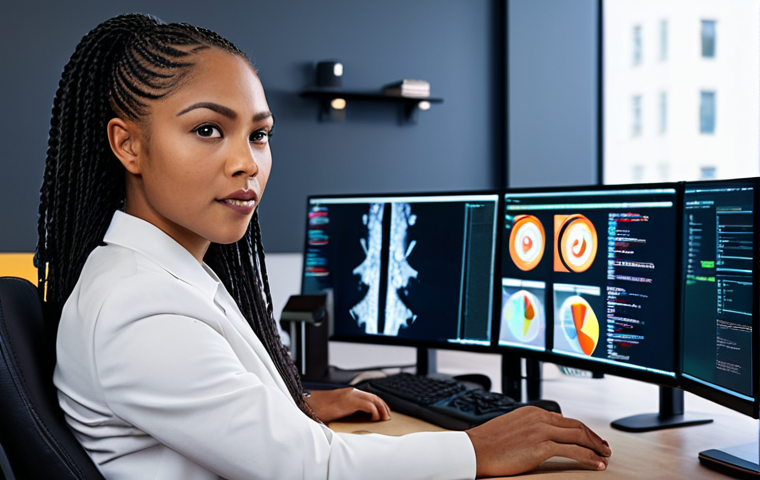 ** A confident cybersecurity professional (male or female, diverse ethnicity) sitting at a modern desk with multiple monitors displaying code and security dashboards. They are participating in a video call, seemingly negotiating a salary. The background shows a stylish office environment. Focus on portraying professionalism and expertise.

**