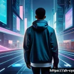 사이버보안 실무에서의 윤리적 문제 - **Prompt:** A young adult, casually dressed in modern street wear, walks through a futuristic, trans...