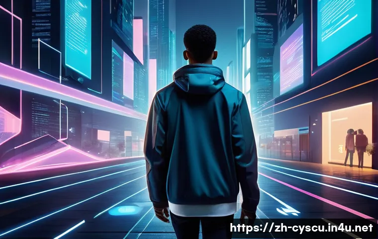 사이버보안 실무에서의 윤리적 문제 - **Prompt:** A young adult, casually dressed in modern street wear, walks through a futuristic, trans...