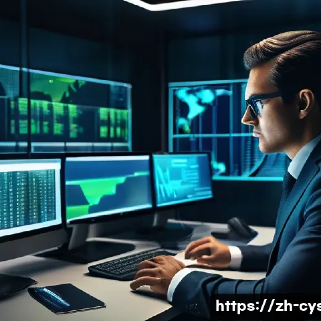 APT Advanced Persistent Threat 공격 사례와 방어법 - A sophisticated corporate office scene depicting a cybersecurity analyst monitoring multiple large s...