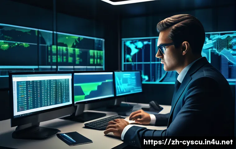 APT Advanced Persistent Threat  공격 사례와 방어법 - A sophisticated corporate office scene depicting a cybersecurity analyst monitoring multiple large s...
