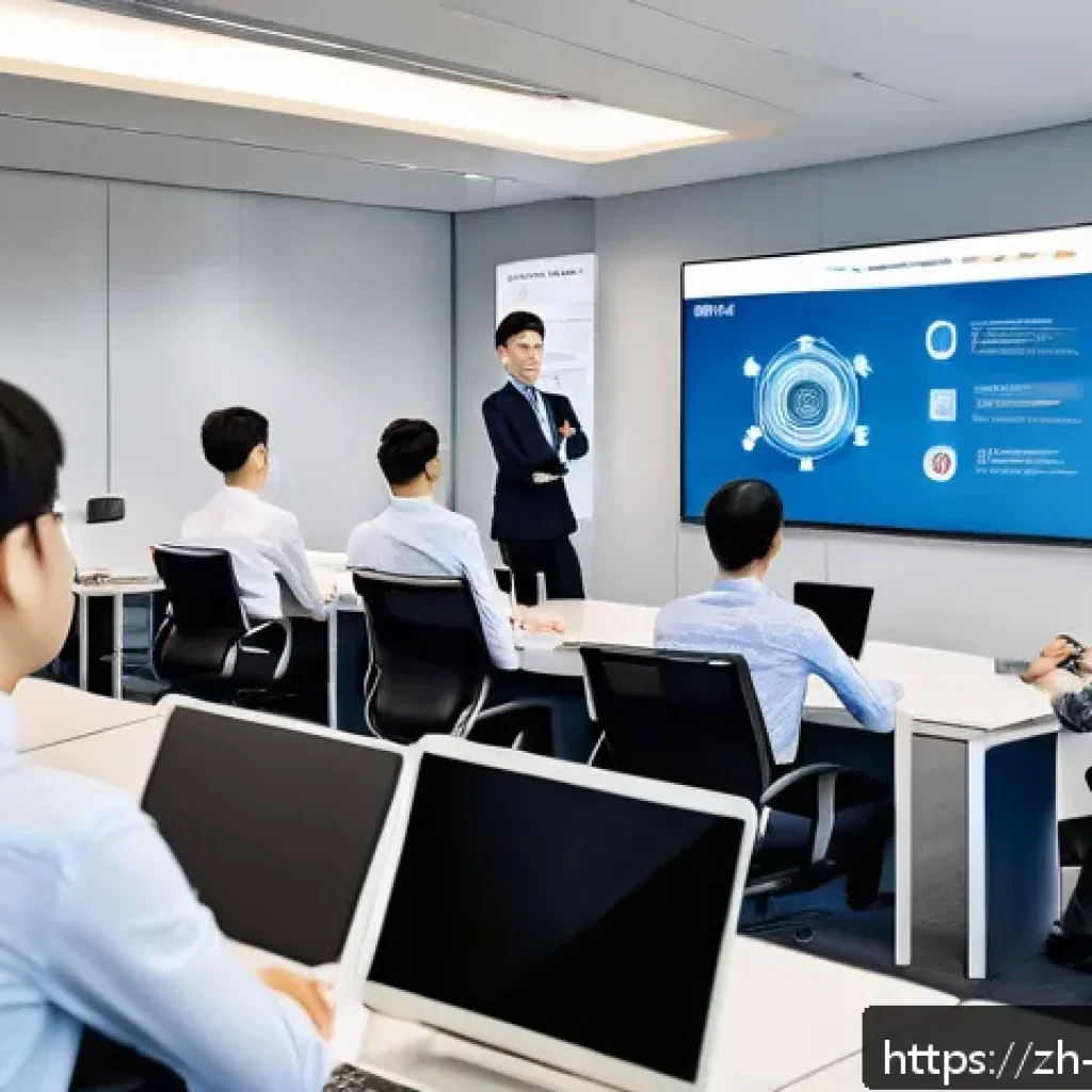 보안 솔루션 사용법과 실무 적용 사례 - A modern office scene showing diverse employees participating in a cybersecurity training session, w...