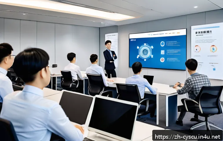 보안 솔루션 사용법과 실무 적용 사례 - A modern office scene showing diverse employees participating in a cybersecurity training session, w...