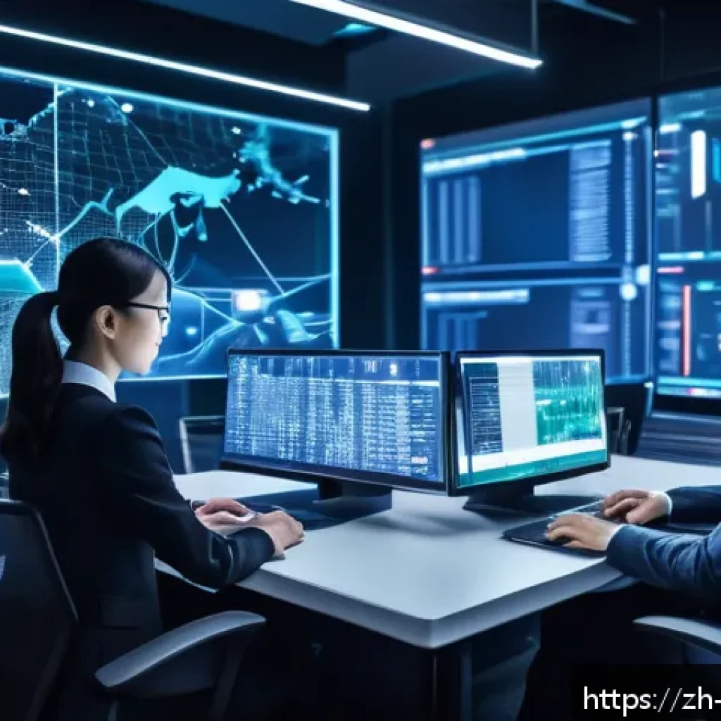 CISSP 취득 후 경력 관리 - A modern office scene showing a diverse team of cybersecurity professionals collaborating around a h...