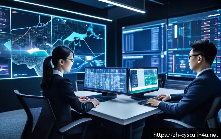 CISSP 취득 후 경력 관리 - A modern office scene showing a diverse team of cybersecurity professionals collaborating around a h...