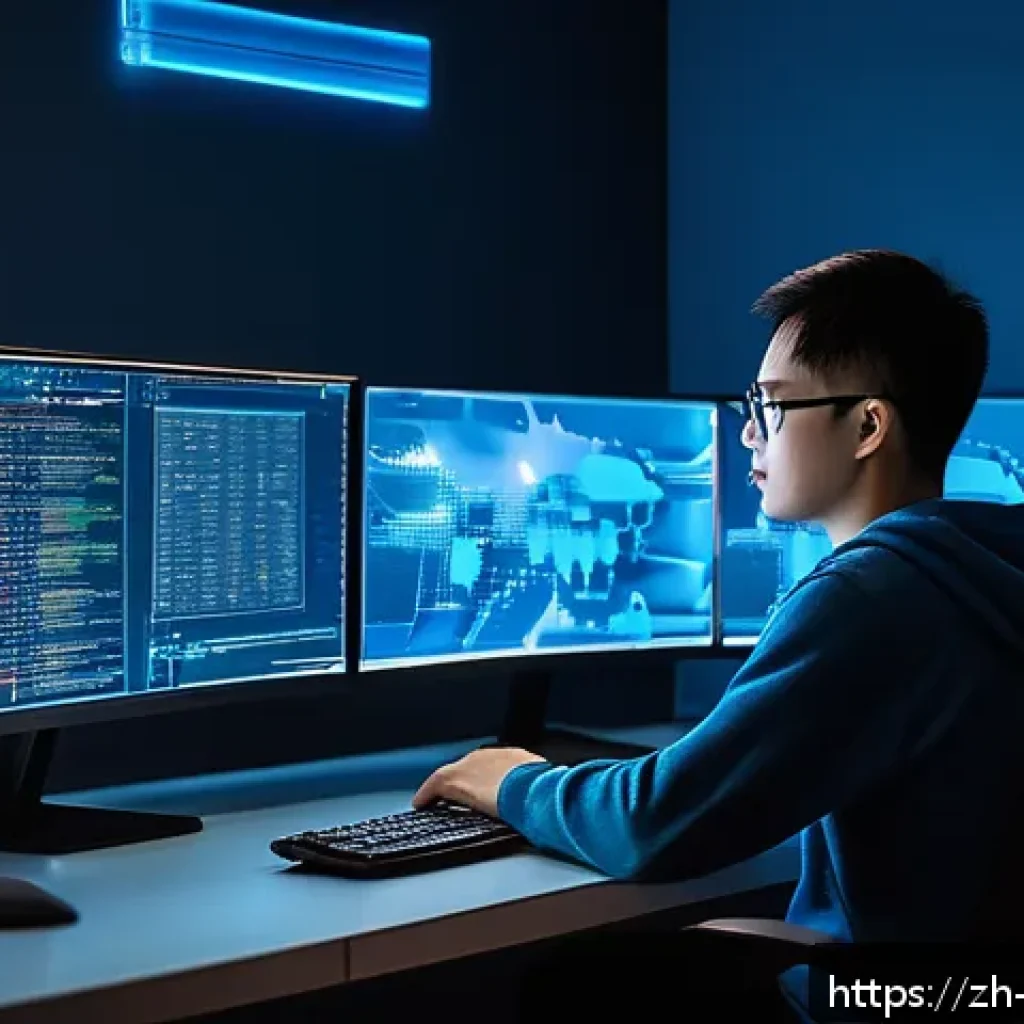 보안 관련 공모전에 참가하기 - A focused young adult cybersecurity enthusiast sitting at a modern desk with multiple computer monit...