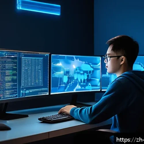 보안 관련 공모전에 참가하기 - A focused young adult cybersecurity enthusiast sitting at a modern desk with multiple computer monit...