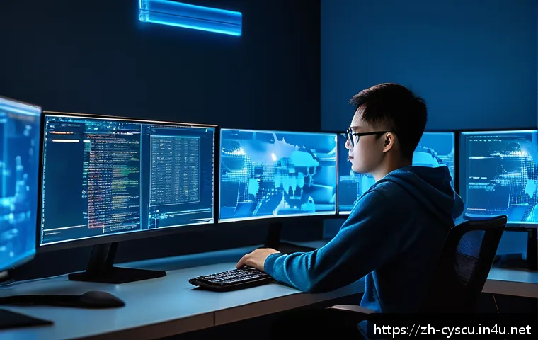 보안 관련 공모전에 참가하기 - A focused young adult cybersecurity enthusiast sitting at a modern desk with multiple computer monit...