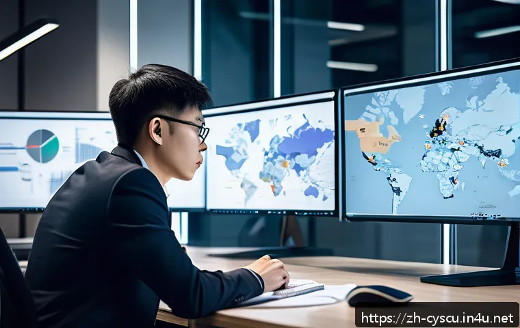 사이버보안 실무자를 위한 자기 관리 방법 - A modern office scene featuring a focused cybersecurity professional sitting at a sleek desk, surrou...
