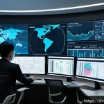 정보보호정책 수립과 평가 - A modern corporate office scene showing a diverse team of cybersecurity professionals collaborating ...