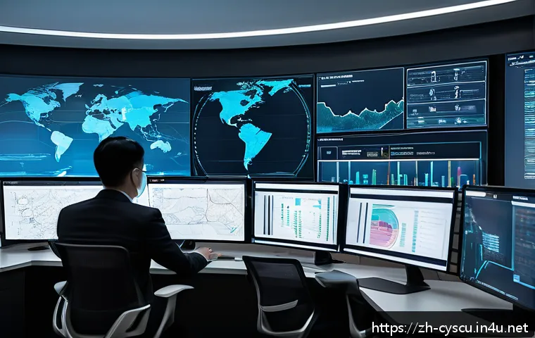 정보보호정책 수립과 평가 - A modern corporate office scene showing a diverse team of cybersecurity professionals collaborating ...